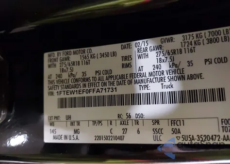 2015 Ford F-150 Xlt из США, поврежденный, VIN 1FTEW1EF0FFA71731